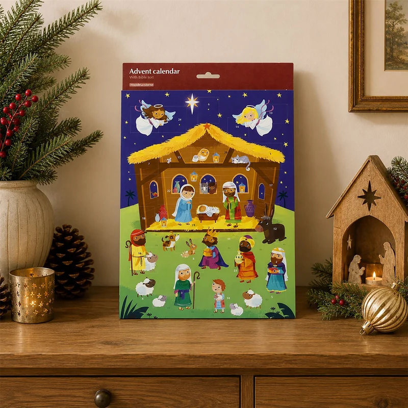 Nativity Bible Text Christmas Advent Calendar, Traditional 24 Door Design