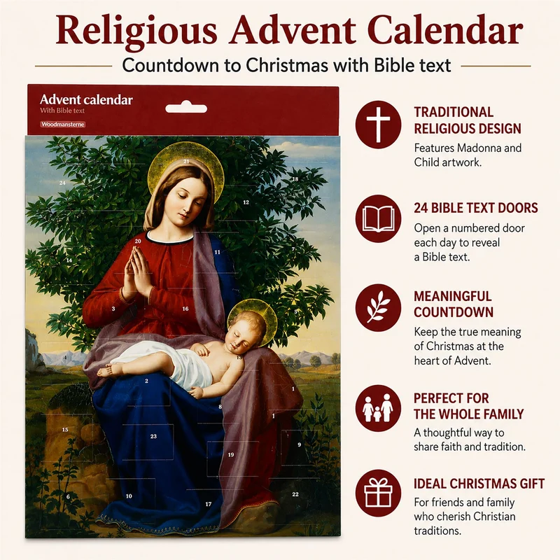 Madonna and Child Religious Advent Calendar, 24 Door Bible Text Christmas