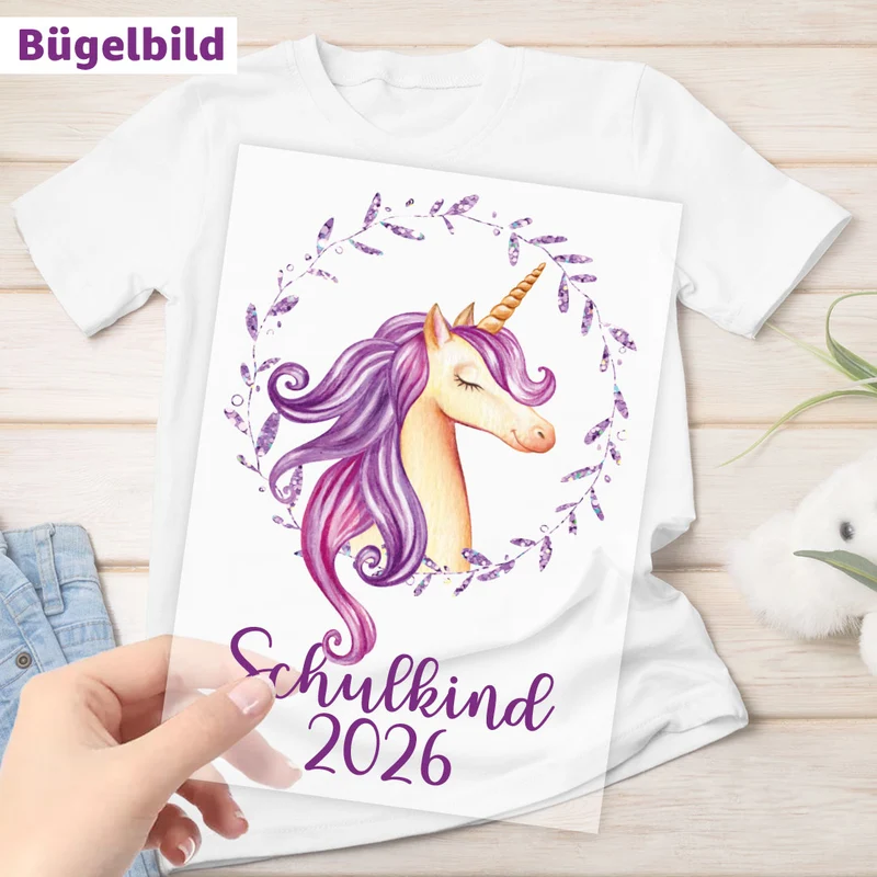 Bügelbild - Schulkind - Wunschname & Wunschjahr - Glitzer Einhorn