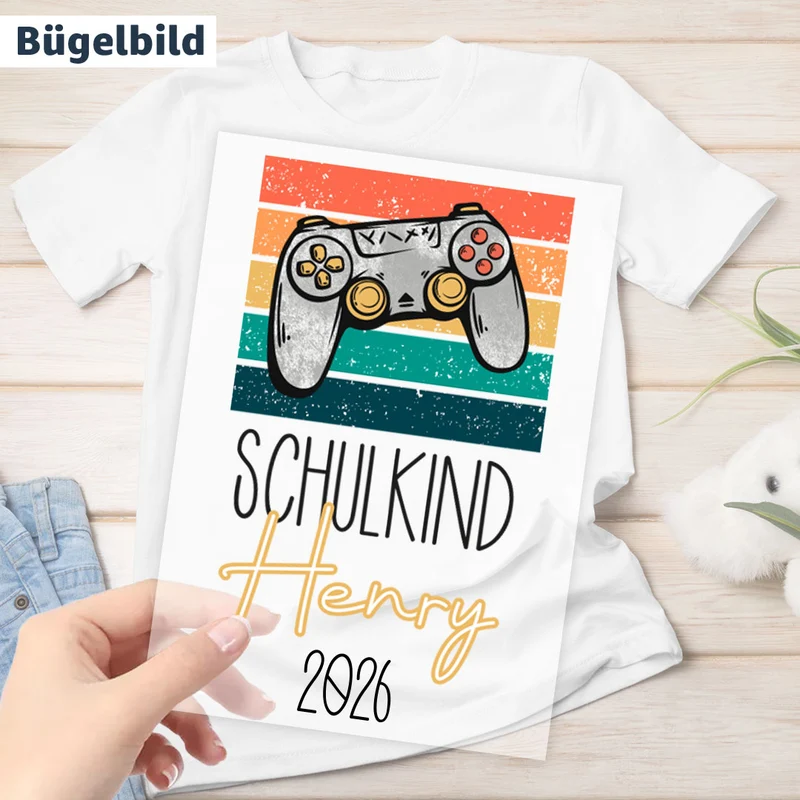 Bügelbild - Schulkind - Wunschname & Wunschjahr - Gamer