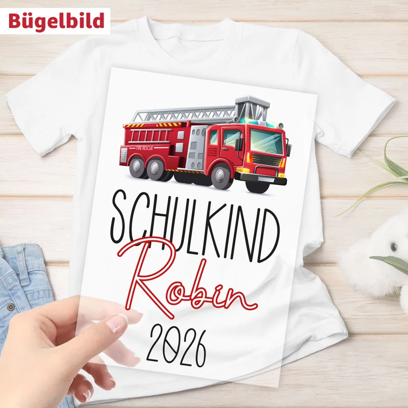 Bügelbild - Schulkind - Wunschname & Wunschjahr - Feuerwehr 112