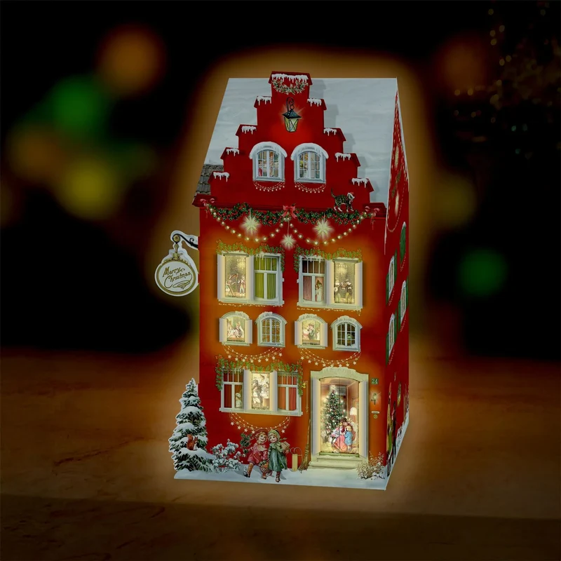 3D LED Christmas House Advent Calendar with Light-Up Windows - 18.5x30cm