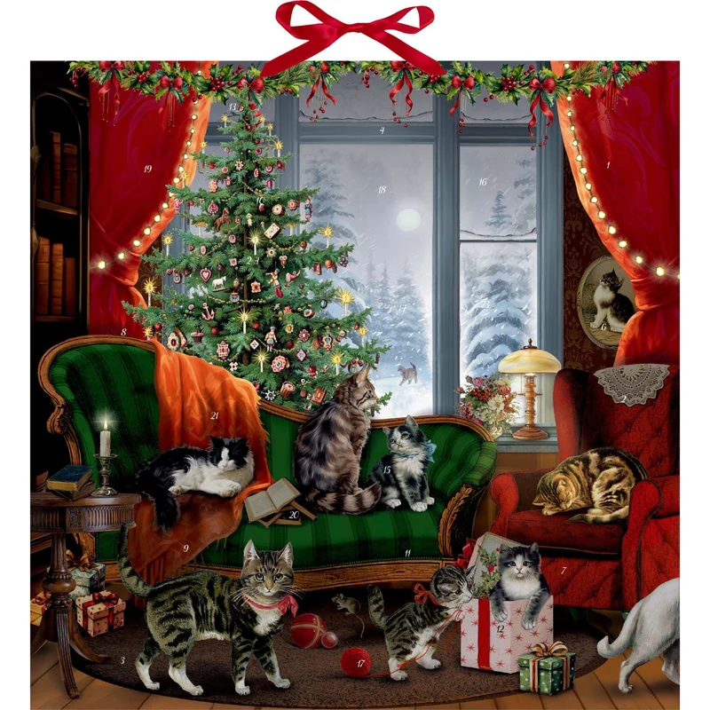 Cats at Christmas Advent Calendar | Advent Calendar with 24 Cat Scenes & Glitter
