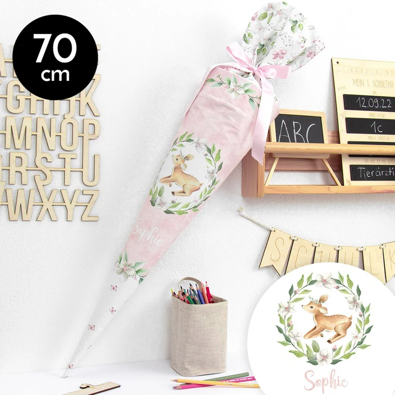 Schultüte aus Baumwolle mit Wunschname - Babyreh - 70 cm