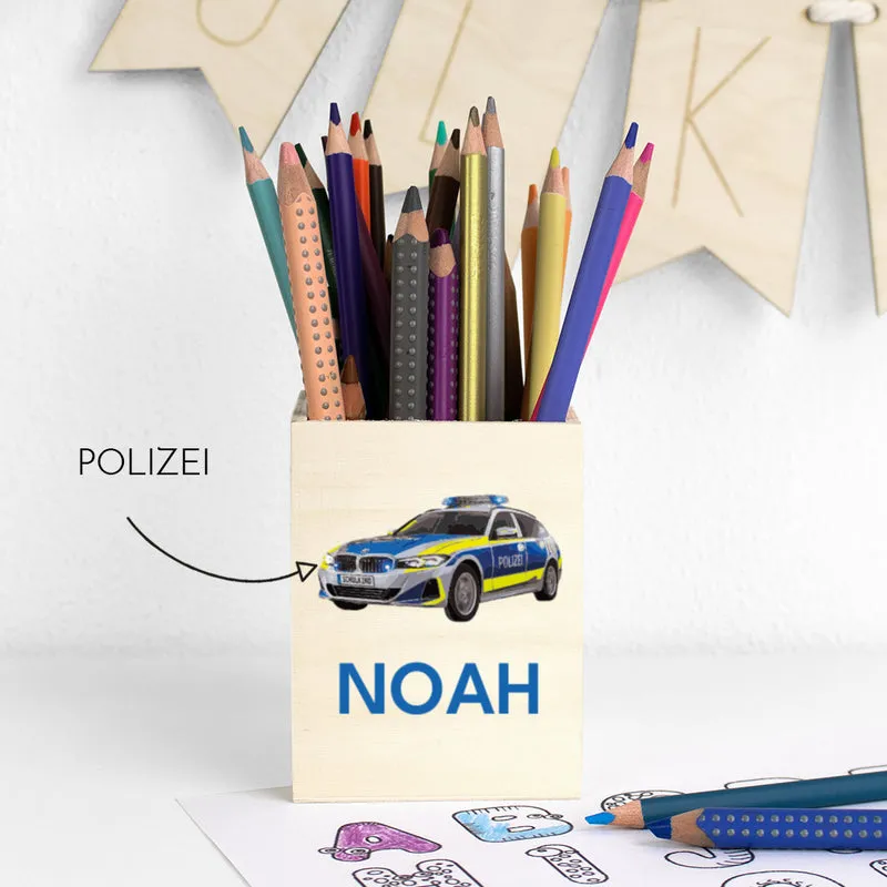 Personalisierter Stifthalter aus Holz Stiftebecher mit Wunschname Schulkind – Jungs