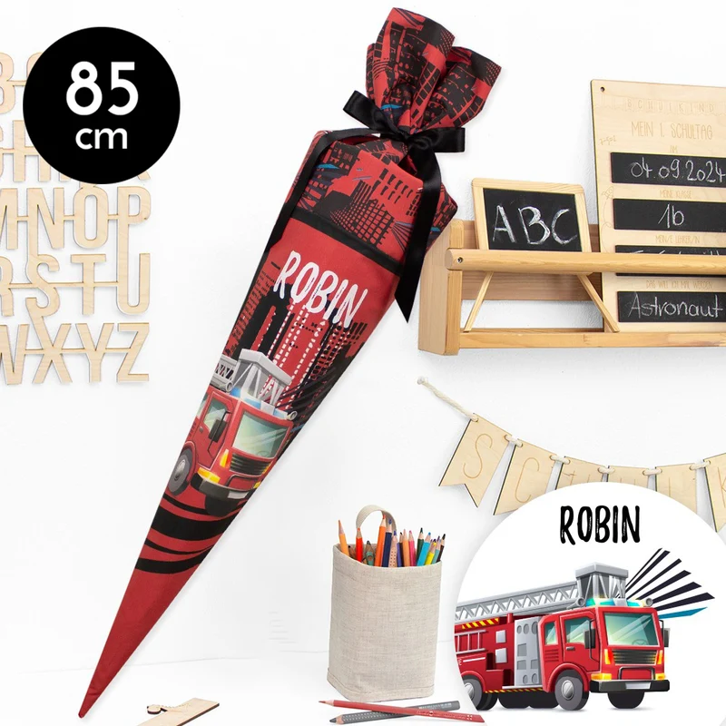 Schultüte aus Baumwolle mit Wunschname - Feuerwehr 112 - 85 cm