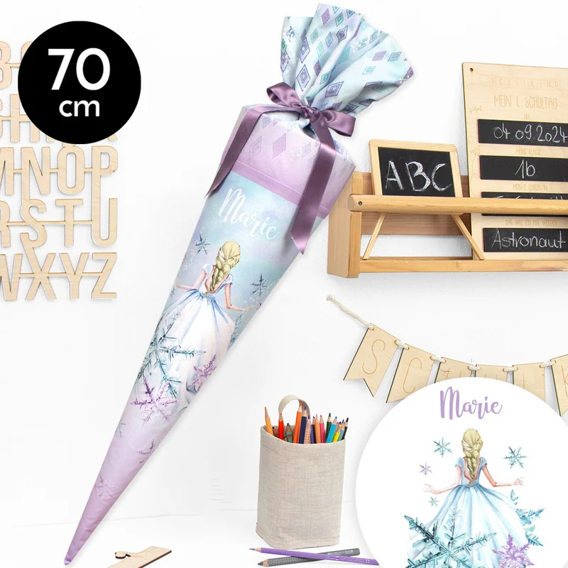 Schultüte aus Baumwolle mit Wunschname - Eisprinzessin - 70 cm