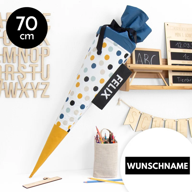 Schultüte aus Baumwolle mit Wunschname - Dots Etikett - 70 cm