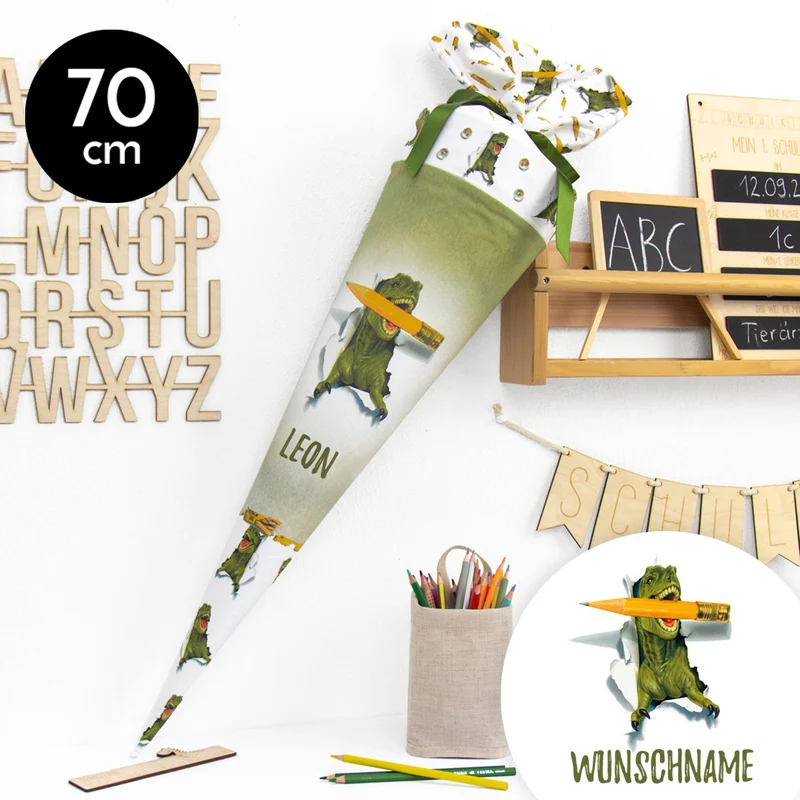 Schultüte aus Baumwolle mit Wunschname - Dinostark - 70 cm