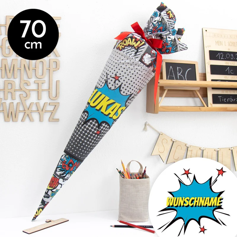 Schultüte aus Baumwolle mit Wunschname - Comic - 70 cm