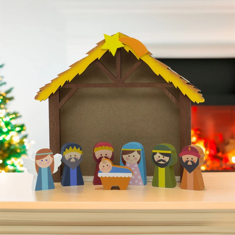 Wooden Nativity Scene with Mini Figures & Stable | Christmas Nativity Set