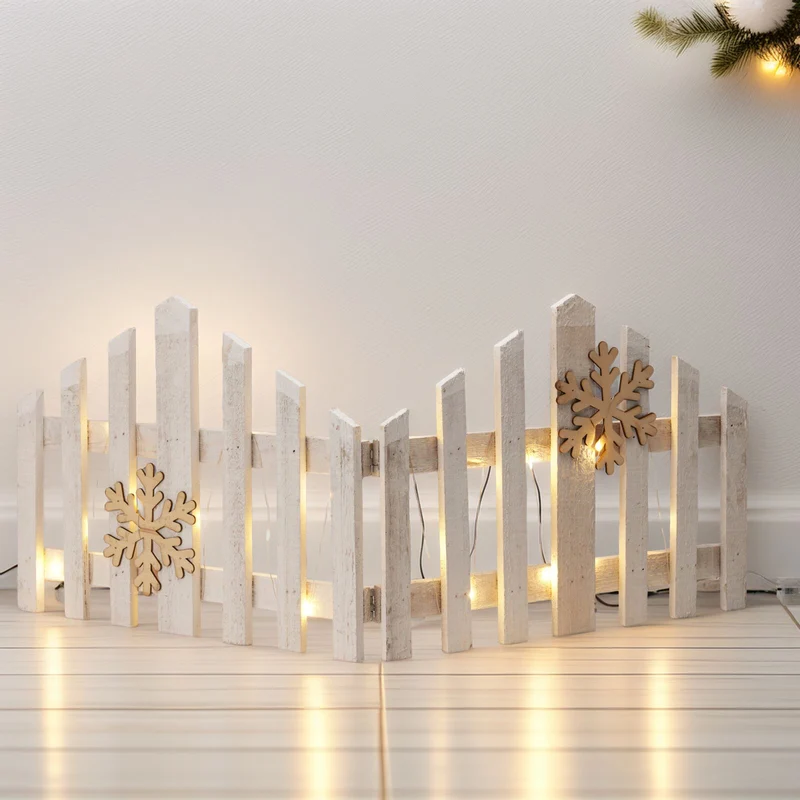 Snowflake LED Light Up Christmas Tree Fence | White Wooden Picket Fence Skirt | Festive Xmas Tree Decoration - 76 x 30cm