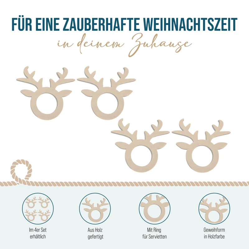 Serviettenringe Rentier 4er Set aus Holz – Weihnachtsdeko in Natur