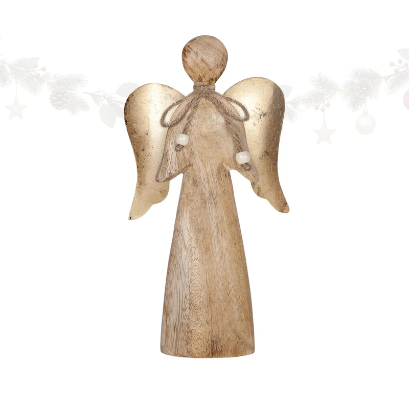 Engelfigur aus Mangoholz 30 cm – stehender Holzengel mit goldenen Flügeln