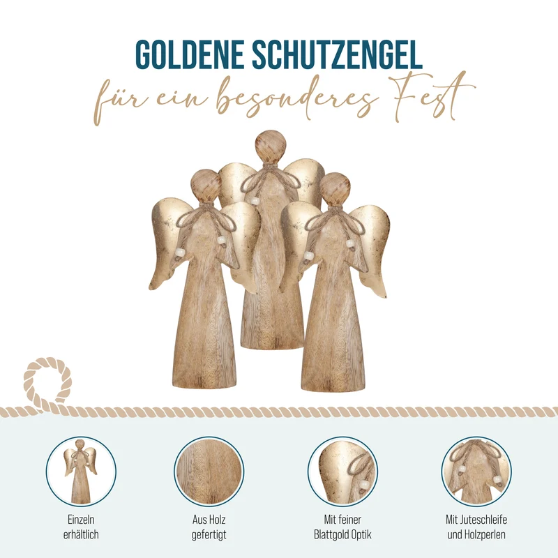 Engelfigur aus Mangoholz 30 cm – stehender Holzengel mit goldenen Flügeln