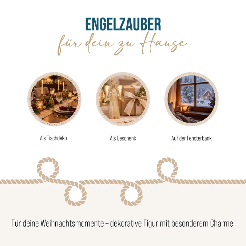 Engelfigur aus Mangoholz 30 cm – stehender Holzengel mit goldenen Flügeln