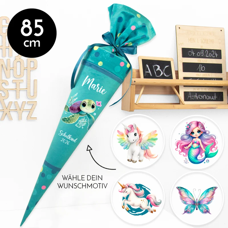 Deine Schultüte aus Stoff mit Wunschname - Mädchen Modell 16 - 85 cm