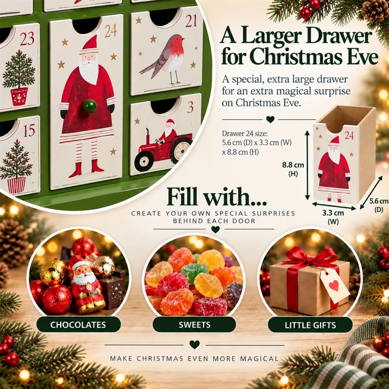 Christmas Farm Wooden Advent Calendar, Fill Your Own Reusable 24 Drawer Calendar