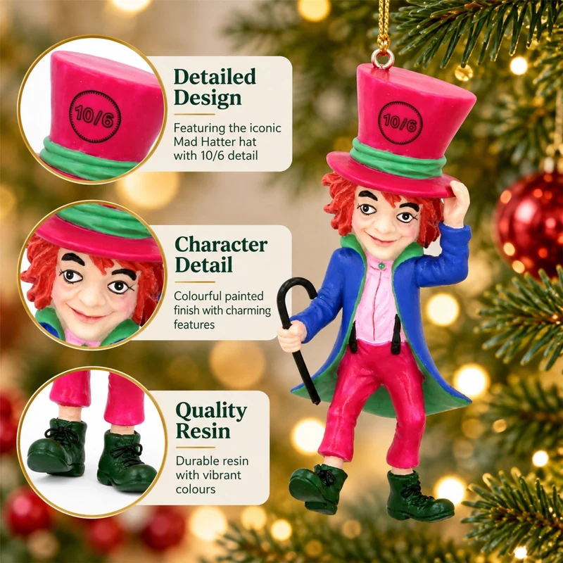 Mad Hatter Christmas Tree Decoration, Alice In Wonderland Ornament 10cm