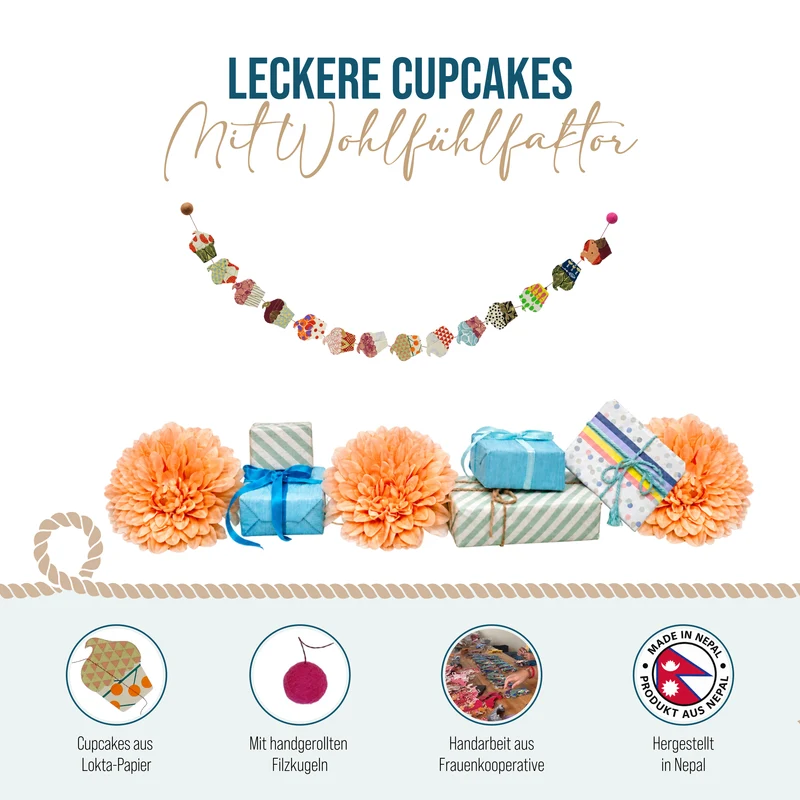 Girlande Cupcakes aus Naturpapier und Filz 183 cm handgefertigt in Nepal