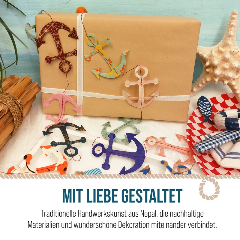 Girlande Anker maritim aus Naturpapier und Filz 183 cm handgefertigt in Nepal