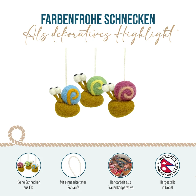 Schnecken Anhänger aus Filz im 3er Set – bunt fürs Kinderzimmer