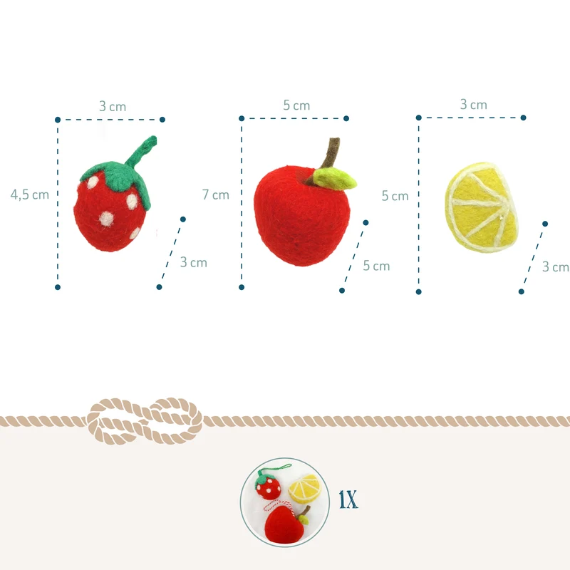 Obst Anhänger aus Filz im 3er Set – Apfel, Erdbeere, Zitrone