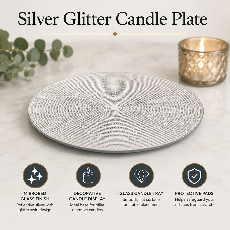Round Silver Glitter Candle Plate, 15 cm Mirrored Glass Candle Stand