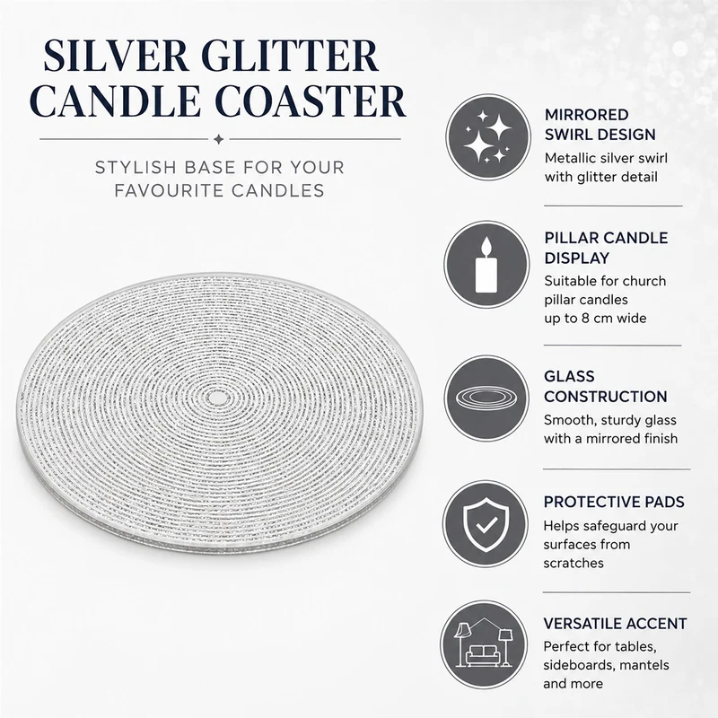 Silver Glitter Candle Coaster, 10cm Glass Candle Plate for Pillar Candles