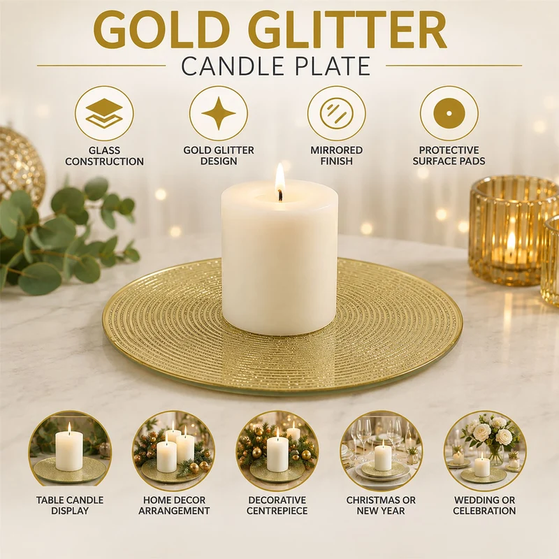 Round Gold Glitter Candle Plate, 15 cm Mirrored Glass Candle Stand