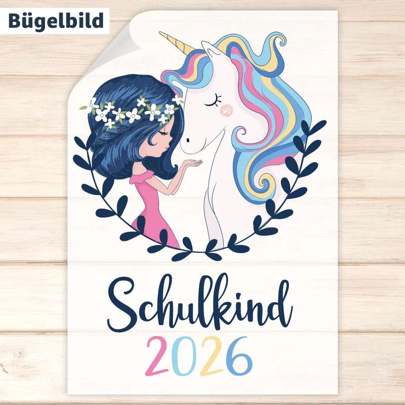 Bügelbild - Schulkind - Wunschname & Wunschjahr - Einhornfreundin