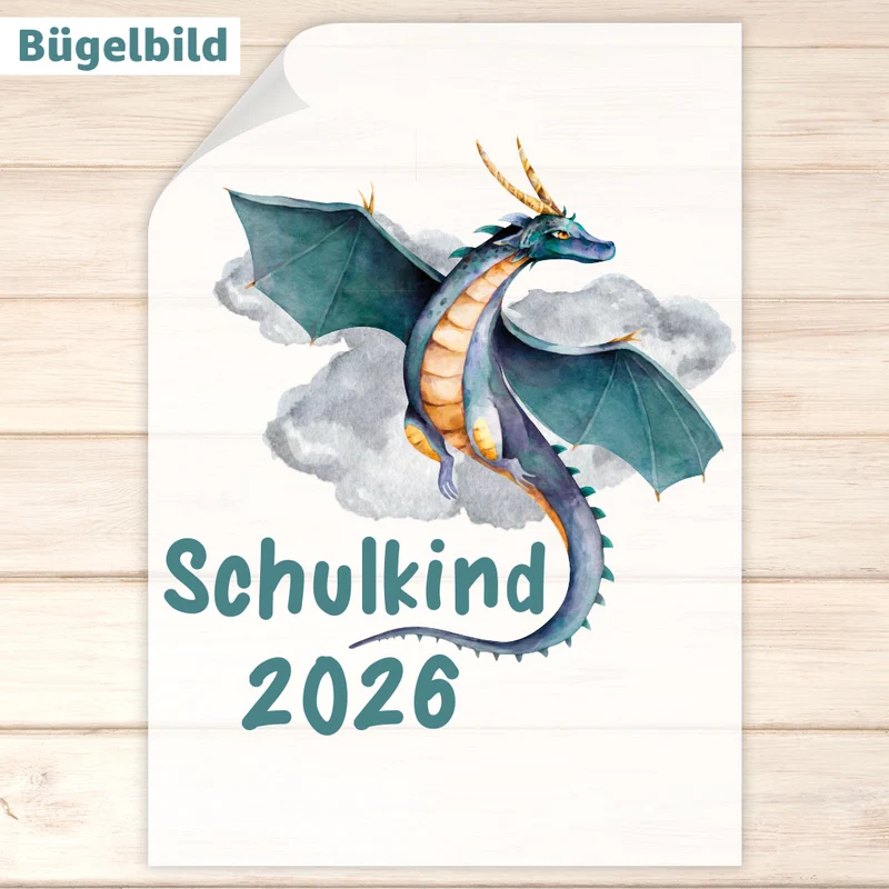 Bügelbild - Schulkind - Wunschname & Wunschjahr - Drago Drache