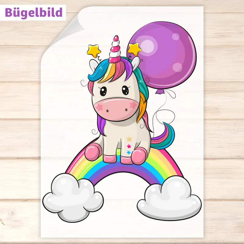 Bügelbild - Schulkind - Wunschname & Wunschjahr - Buntes Einhorn