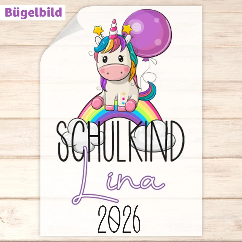 Bügelbild - Schulkind - Wunschname & Wunschjahr - Buntes Einhorn