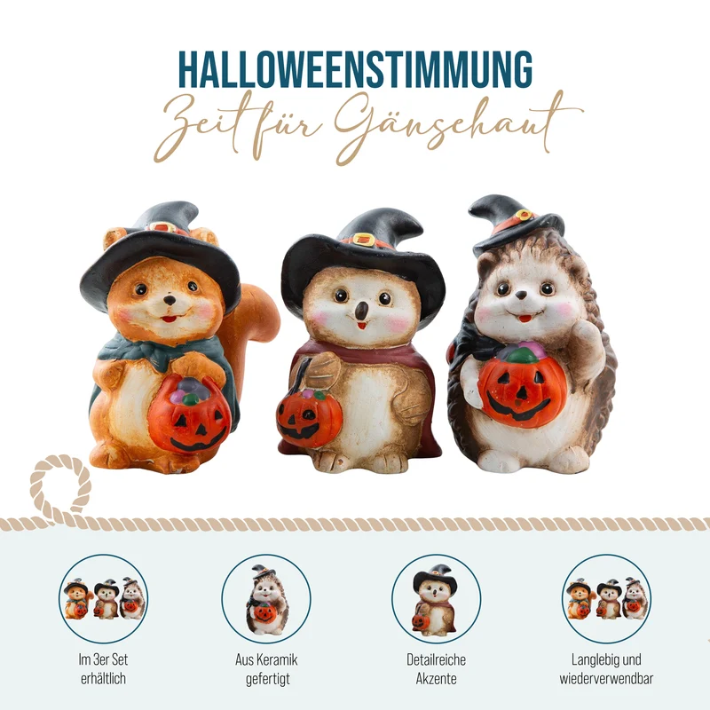 Deko-Figuren Tiere mit Kürbis 3er-Set aus Ton 10 cm – Herbst- und Halloween-Deko für Zuhause