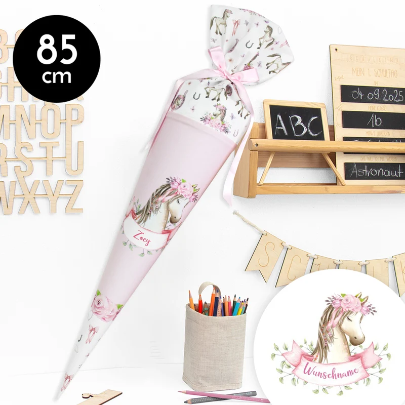 Schultüte aus Stoff mit Wunschname - Pretty Pony - 85 cm