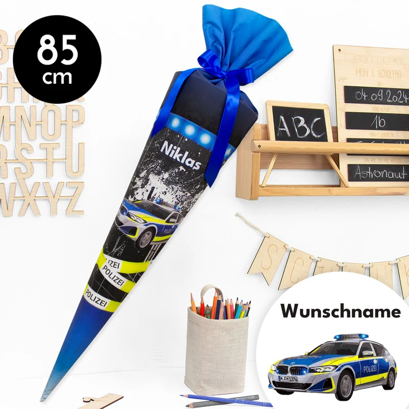 Schultüte aus Stoff mit Wunschname - Polizei - 85 cm