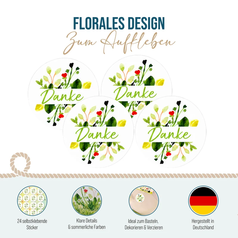 Danke Sticker Set 24 Stück Blumenmotiv rund Ø 4 cm Aufkleber für Dankesgeschenke Karten und DIY