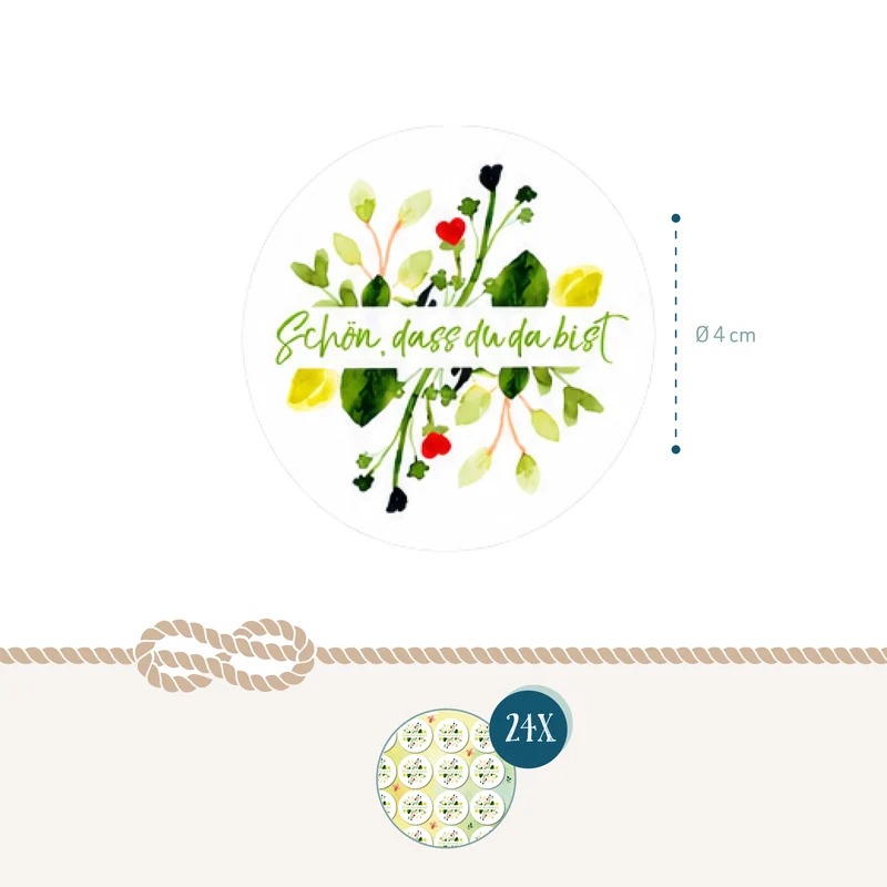 Sticker Set 24 Stück Schön dass du da bist Blumenmotiv rund Ø 4 cm Aufkleber für Karten Geschenke und DIY