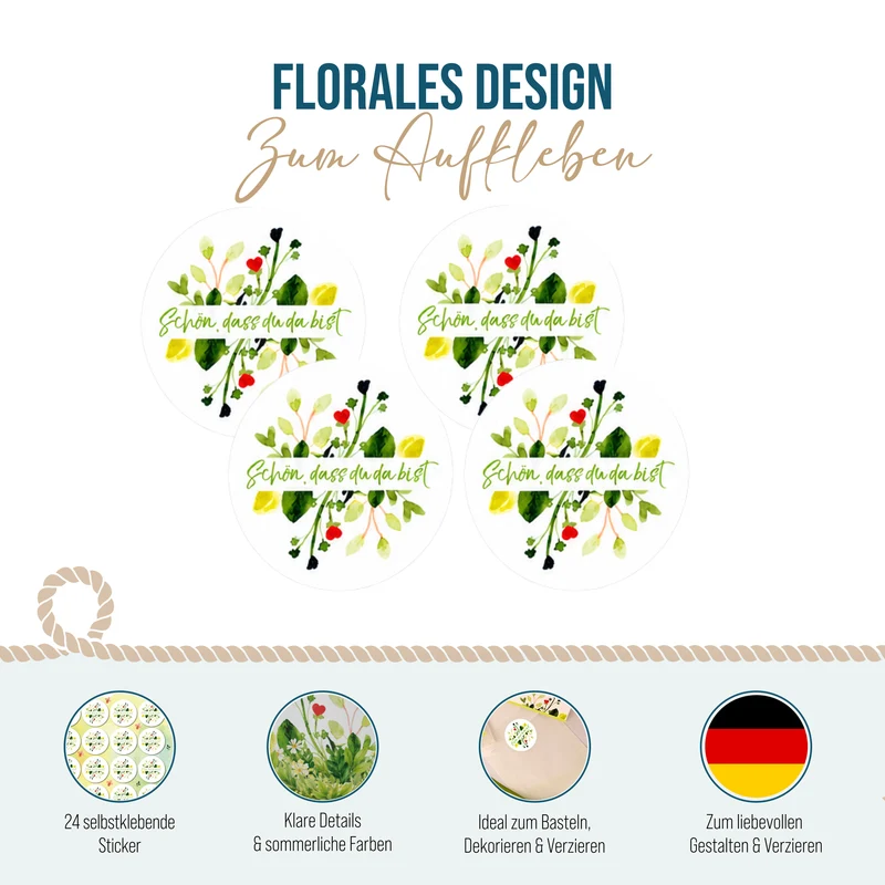 Sticker Set 24 Stück Schön dass du da bist Blumenmotiv rund Ø 4 cm Aufkleber für Karten Geschenke und DIY