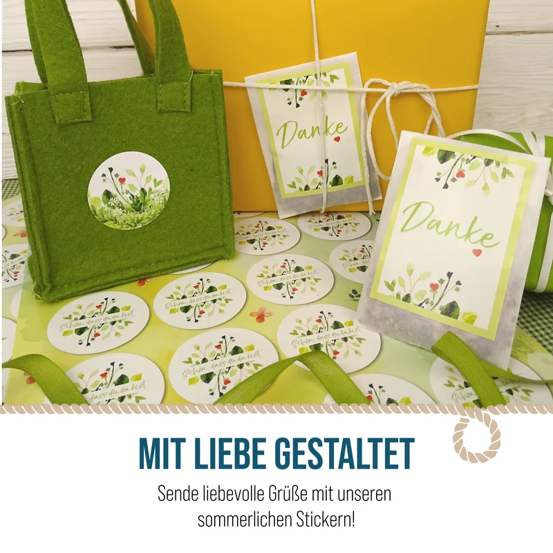 Sticker Set 24 Stück Schön dass du da bist Blumenmotiv rund Ø 4 cm Aufkleber für Karten Geschenke und DIY