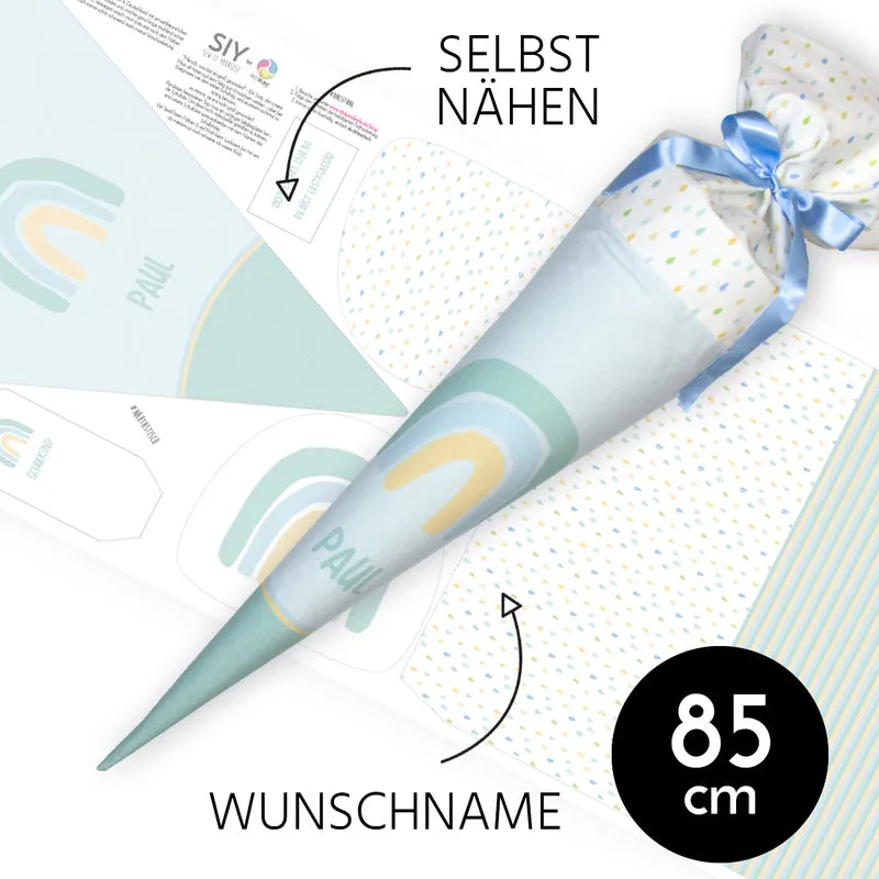 DIY Schultüte zum Selbernähen Schnittmuster auf Stoff mit Wunschname personalisierbar - Regenbogen hellblau/mint - 85 cm