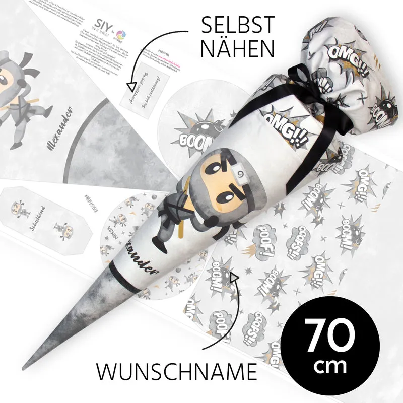 DIY Schultüte zum Selbernähen Schnittmuster auf Stoff mit Wunschname personalisierbar - Ninja - 70 cm