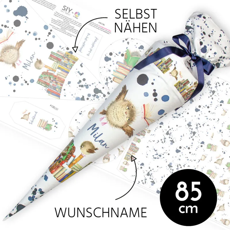 DIY Schultüte zum Selbernähen Schnittmuster auf Stoff mit Wunschname personalisierbar - Kleine Eule - 85 cm