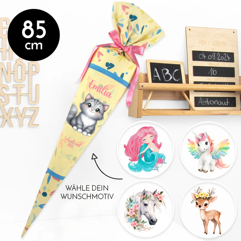 Deine Schultüte aus Stoff mit Wunschname - Mädchen Modell 13 - 85 cm