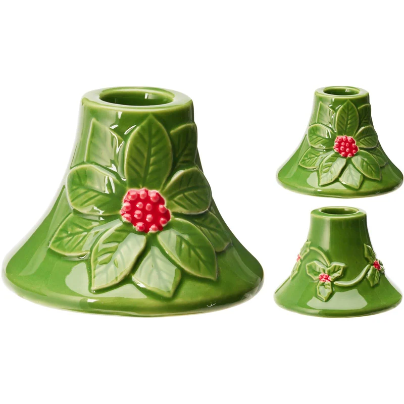 Set of 2 Green Ceramic Christmas Candlesticks | Holly and Berry Candle Holders