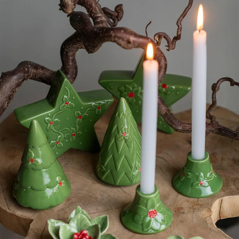 Set of 2 Green Ceramic Christmas Candlesticks | Holly and Berry Candle Holders