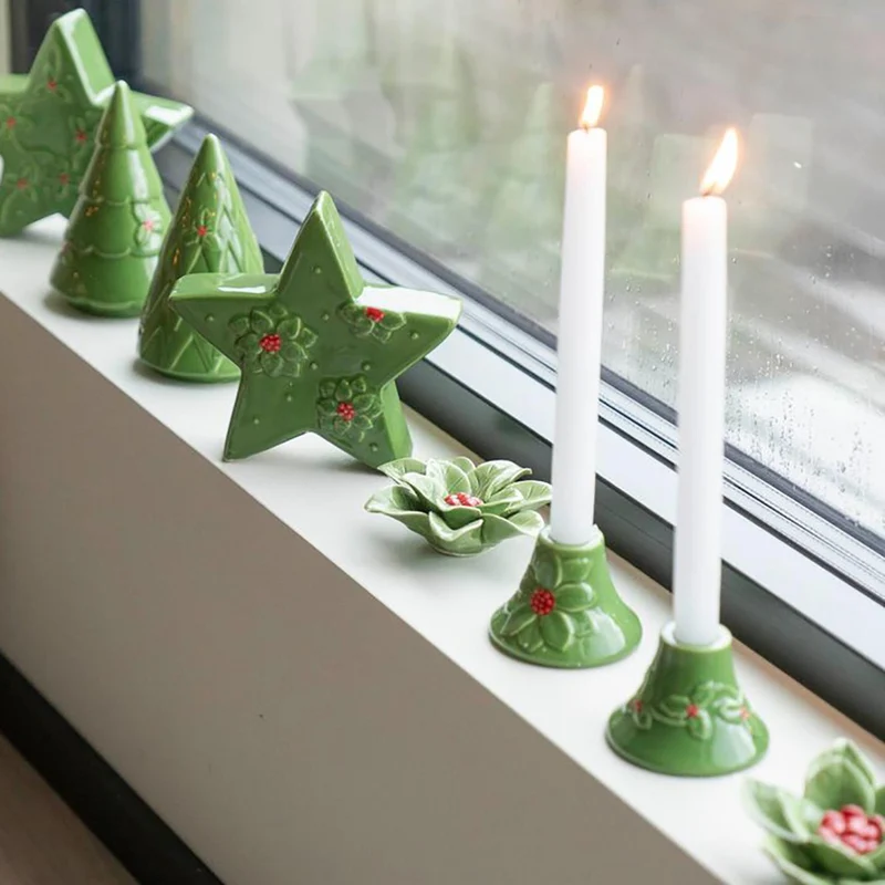 Set of 2 Green Ceramic Christmas Candlesticks | Holly and Berry Candle Holders