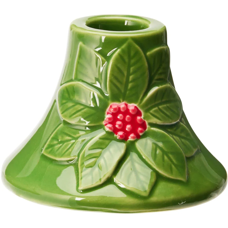 Set of 2 Green Ceramic Christmas Candlesticks | Holly and Berry Candle Holders