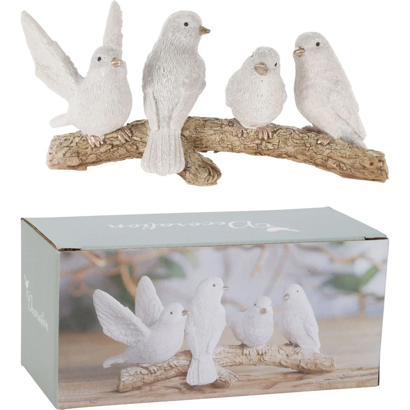 Winter Birds on Branch Figurine | 5 Birds Wildlife Christmas Ornament - 15cm